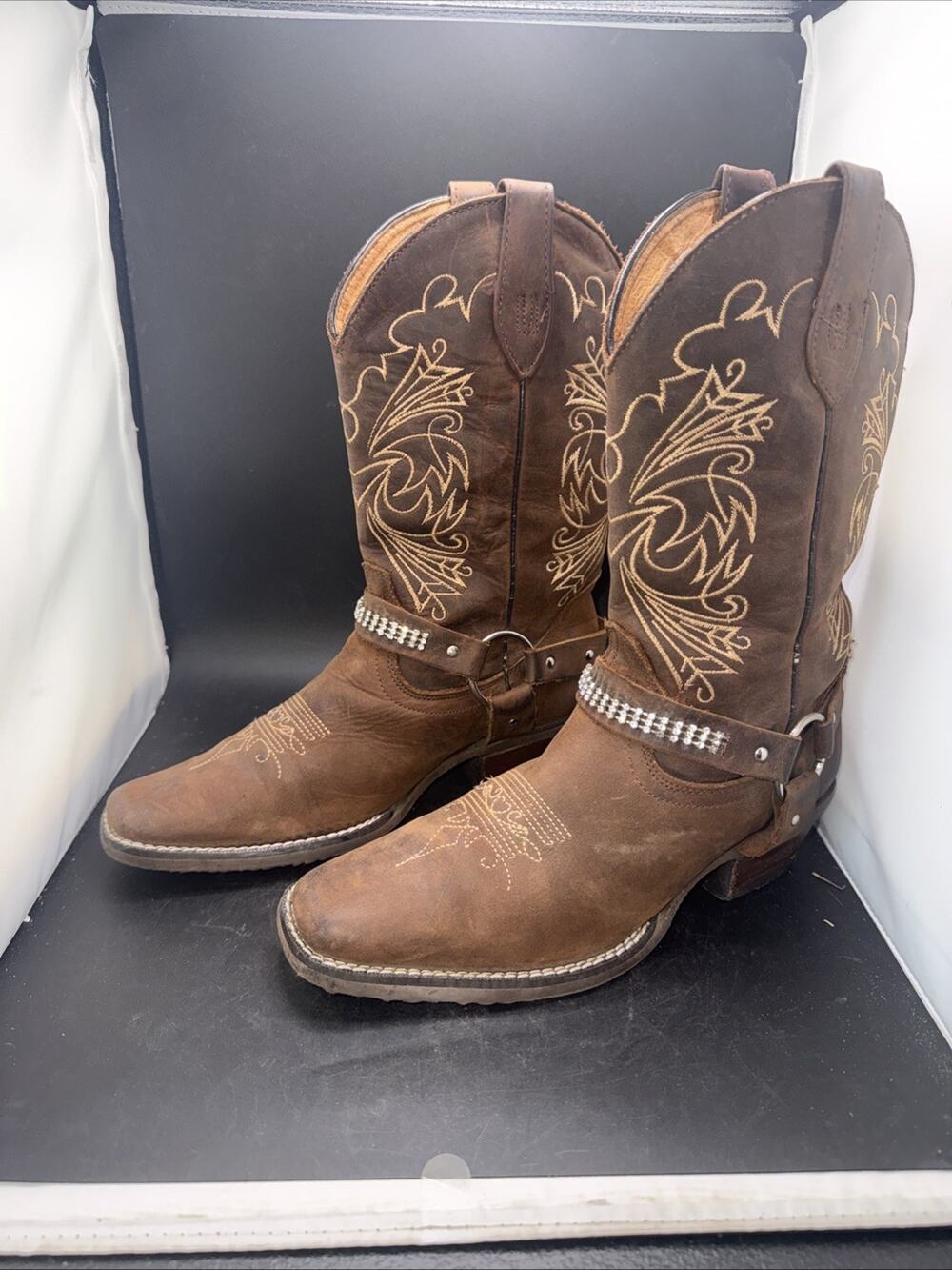 Mexican Brown Leather Western Cowboy Boots Rhinestone Harness Womens 7.5